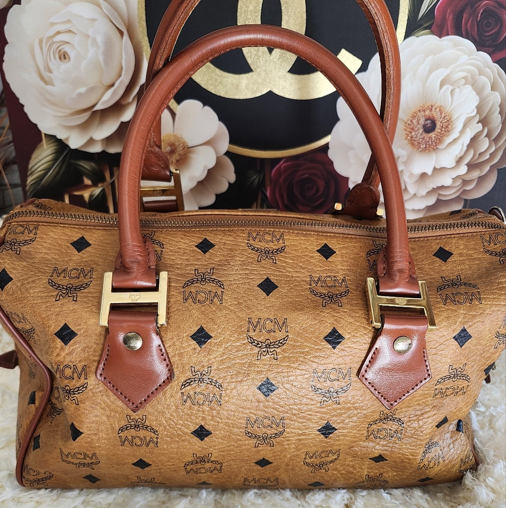 MCM Boston Cognac and Brown Monogram Satchel - Picture 2 of 7